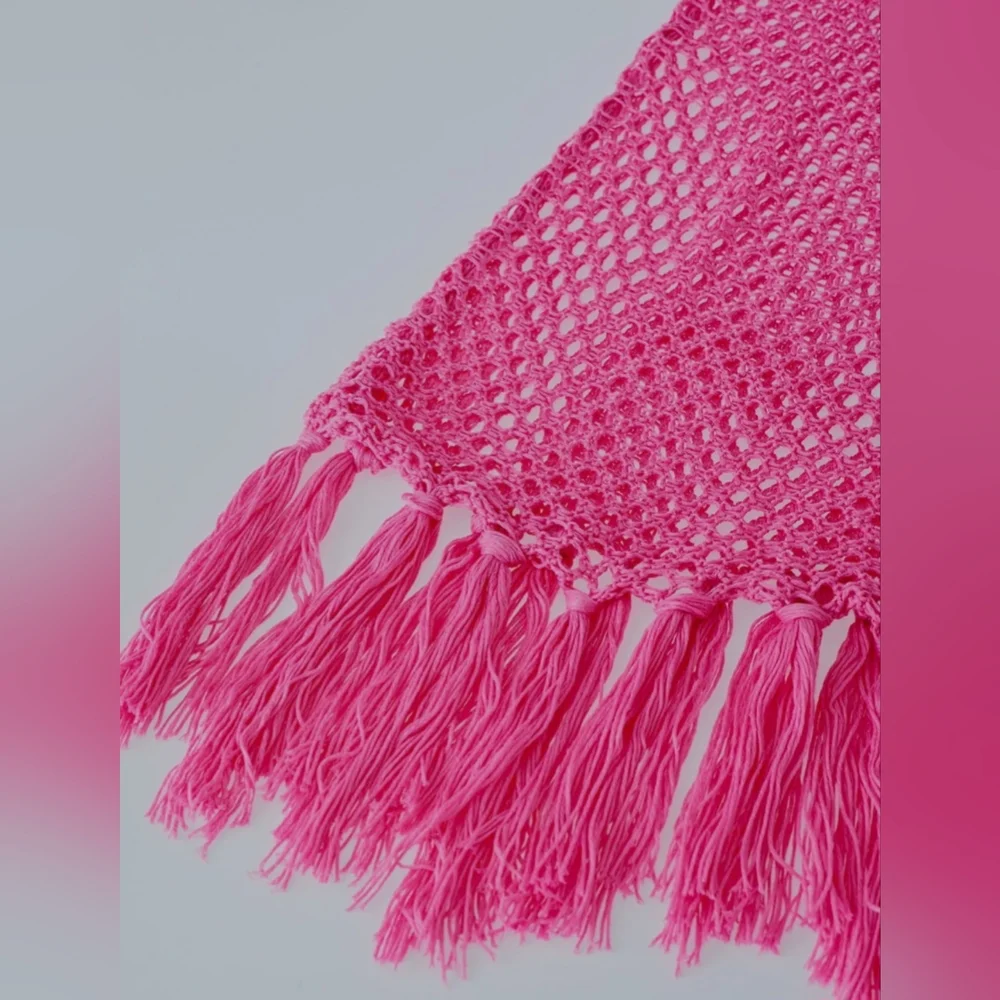 Bright Pink Crochet Coverup/Beach Dress w/ Fringe Hem detail/New Boutique Item - Picture 6 of 9